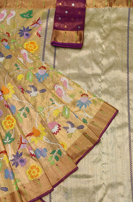Golden Handloom Kota Doria Tissue Silk Real Zari Bird Design Saree - Luxurion World