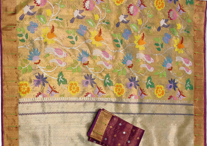 Golden Handloom Kota Doria Tissue Silk Real Zari Bird Design Saree - Luxurion World