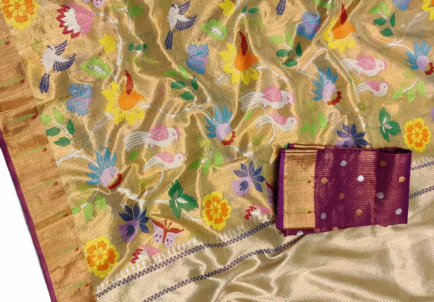 Golden Handloom Kota Doria Tissue Silk Real Zari Bird Design Saree - Luxurion World