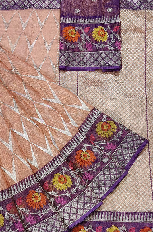 Pink Handloom Kota Doria Tissue Silk Real Zari Meenakari Saree - Luxurion World