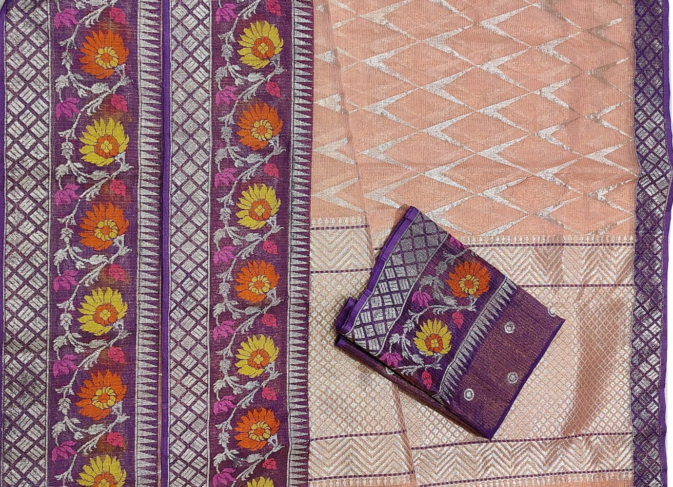 Pink Handloom Kota Doria Tissue Silk Real Zari Meenakari Saree - Luxurion World