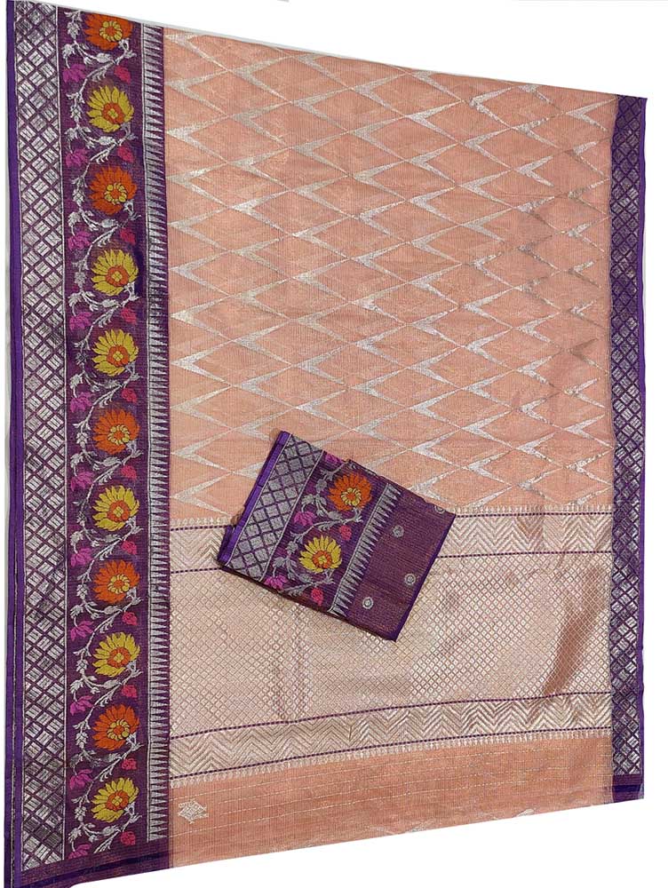 Pink Handloom Kota Doria Tissue Silk Real Zari Meenakari Saree - Luxurion World