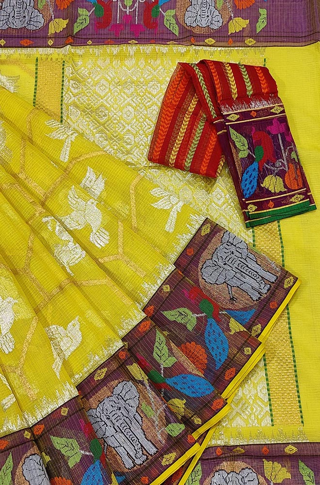 Yellow Handloom Kota Doria Real Zari Paithani Border Saree - Luxurion World