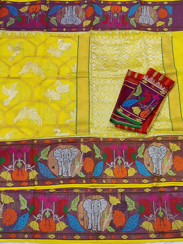 Yellow Handloom Kota Doria Real Zari Paithani Border Saree - Luxurion World