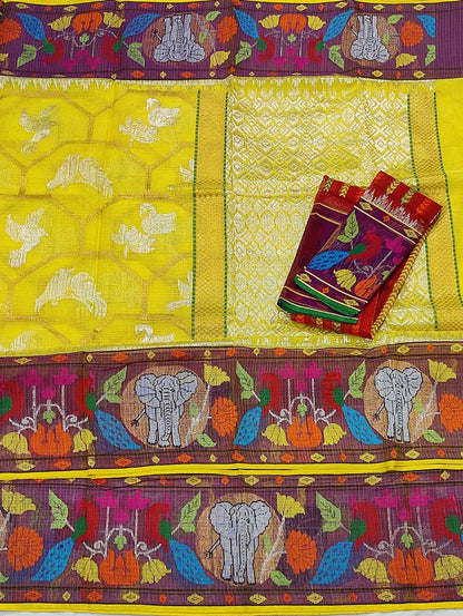 Yellow Handloom Kota Doria Real Zari Paithani Border Saree - Luxurion World