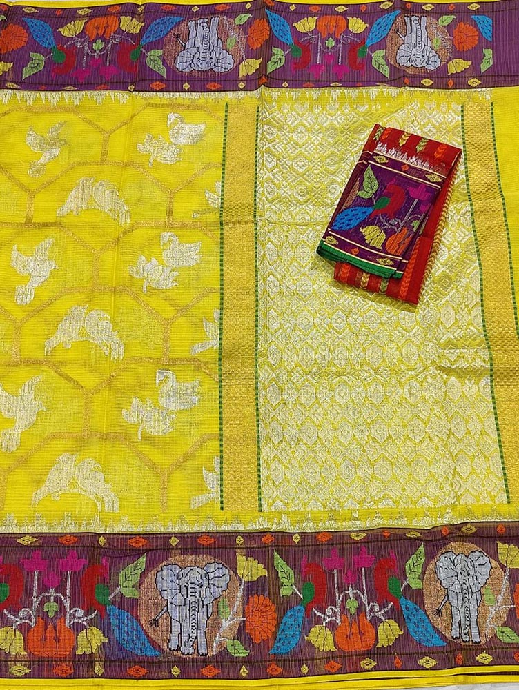 Yellow Handloom Kota Doria Real Zari Paithani Border Saree - Luxurion World