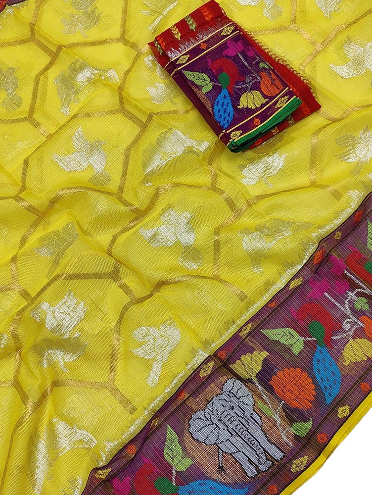 Yellow Handloom Kota Doria Real Zari Paithani Border Saree - Luxurion World