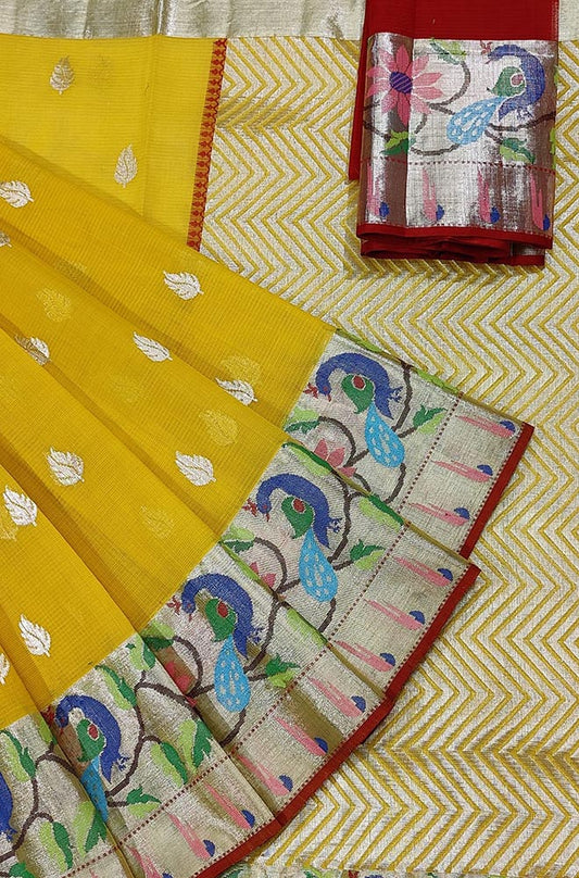 Yellow Handloom Tissue Kota Doria Real Zari Paithani Border Saree