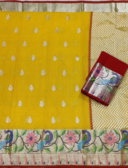 Yellow Handloom Tissue Kota Doria Real Zari Paithani Border Saree - Luxurion World