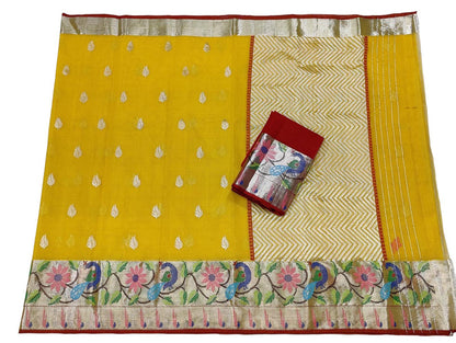 Yellow Handloom Tissue Kota Doria Real Zari Paithani Border Saree - Luxurion World