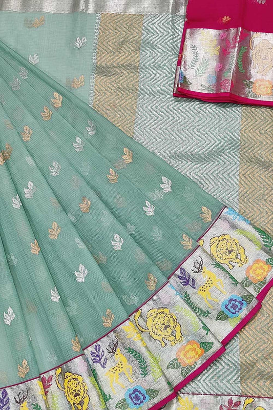 Blue Handloom Kota Doria Sona Roopa Flower Design Saree - Luxurion World
