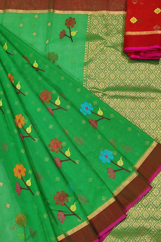 Green Handloom Kota Doria Flower Design Saree - Luxurion World