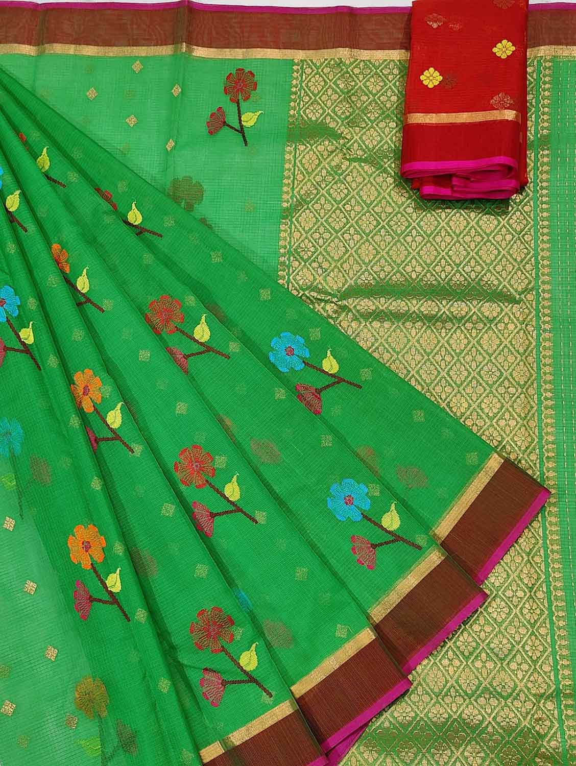 Green Handloom Kota Doria Flower Design Saree - Luxurion World
