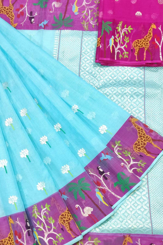 Blue Handloom Kota Doria Figure Work Saree - Luxurion World