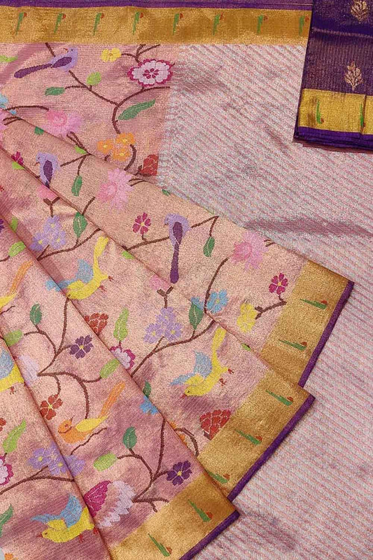 Pink Kota Doria Real Zari Handloom Double Tissue Meenakari Saree - Luxurion World