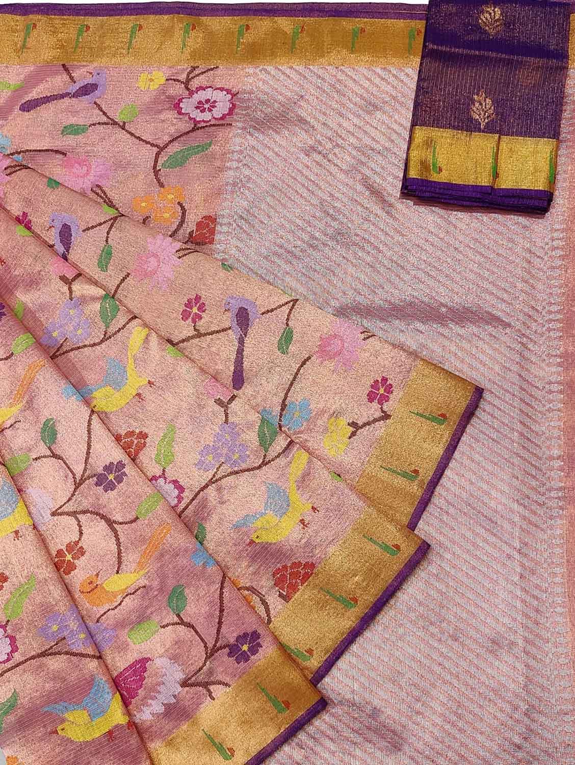 Pink Kota Doria Real Zari Handloom Double Tissue Meenakari Saree - Luxurion World
