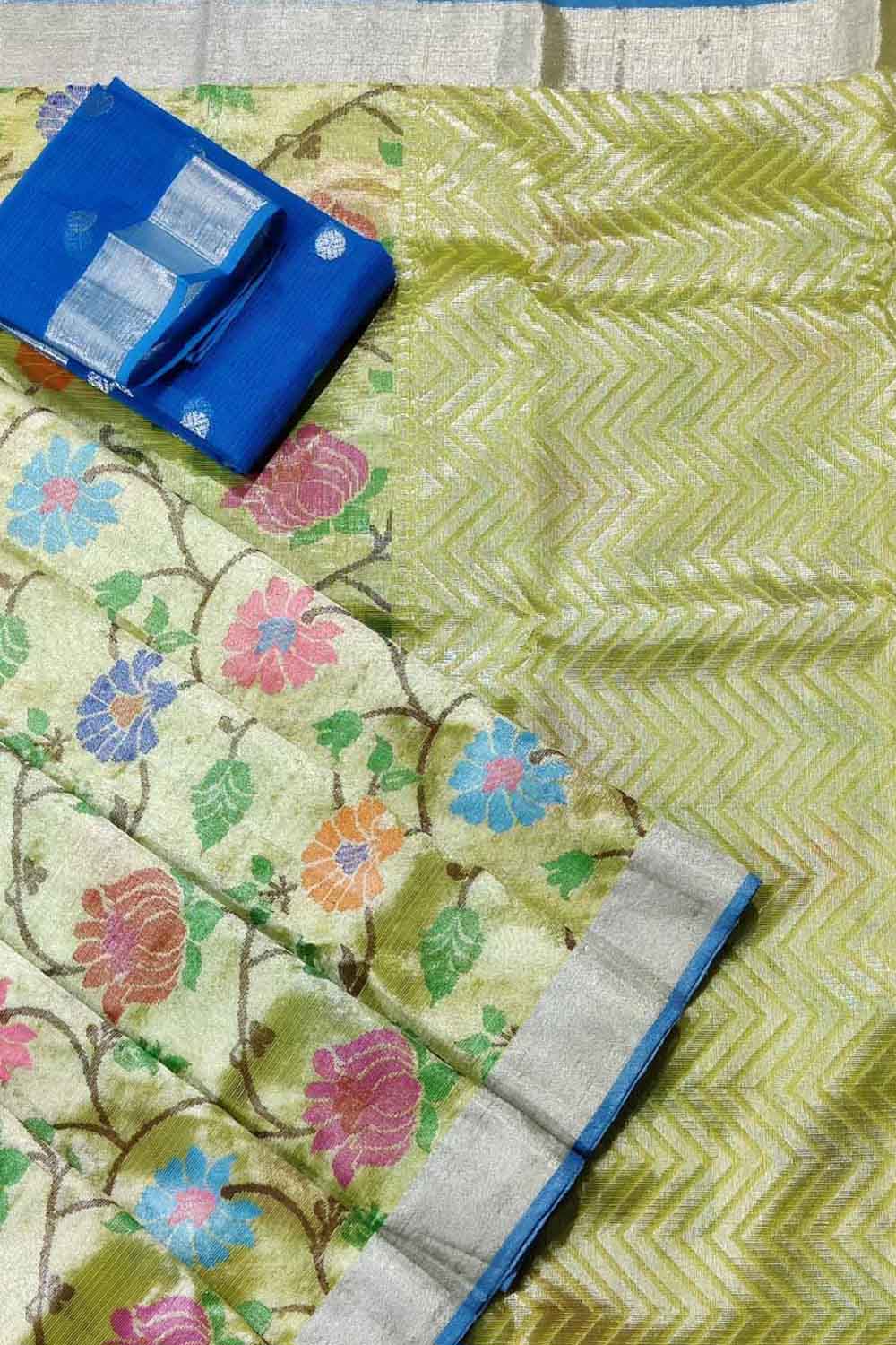 Green Kota Doria Real Zari Handloom Double Tissue Meenakari Saree - Luxurion World