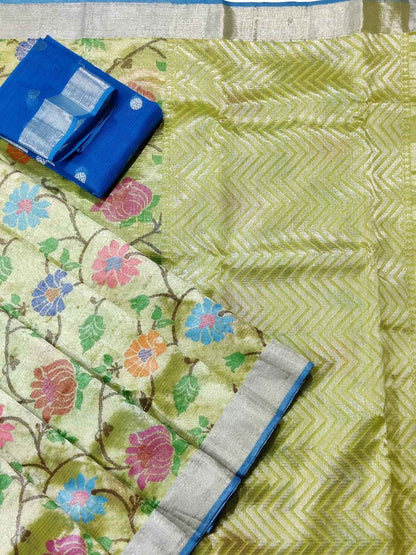 Green Kota Doria Real Zari Handloom Double Tissue Meenakari Saree