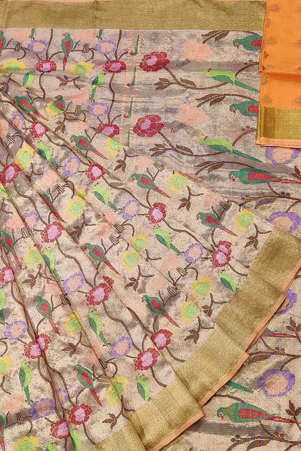 Multicolor Kota Doria Real Zari Handloom Double Tissue Meenakari Saree - Luxurion World