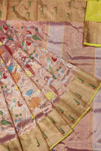 Pink Kota Doria Real Zari Handloom Double Tissue Meenakari Saree - Luxurion World