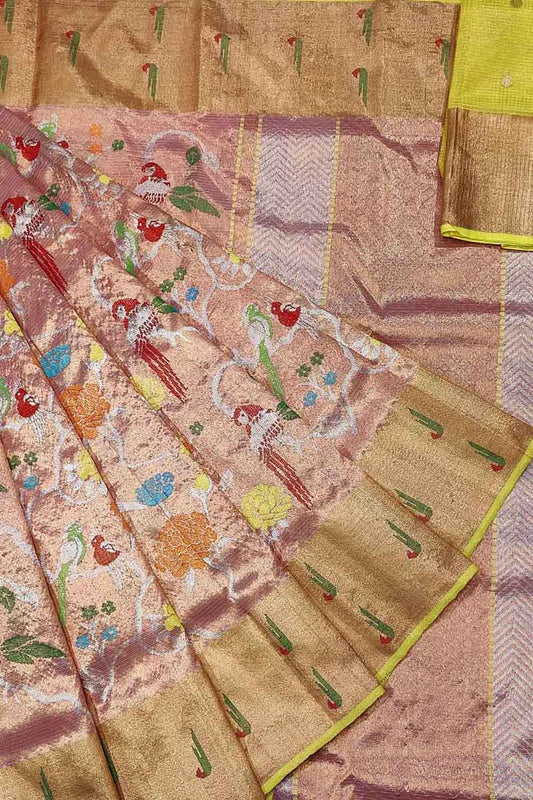 Pink Kota Doria Real Zari Handloom Double Tissue Meenakari Saree - Luxurion World