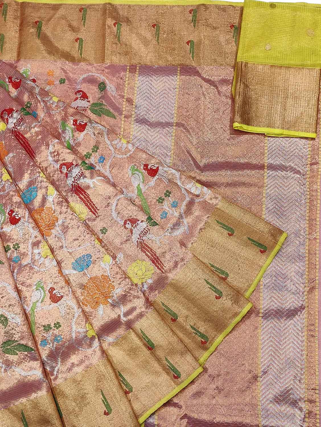 Pink Kota Doria Real Zari Handloom Double Tissue Meenakari Saree