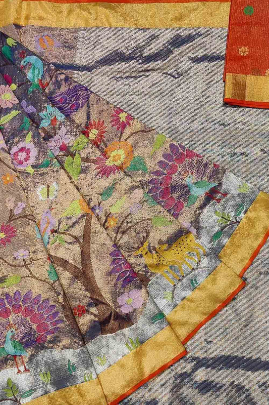 Multicolor Kota Doria Real Zari Handloom Double Tissue Meenakari Saree - Luxurion World