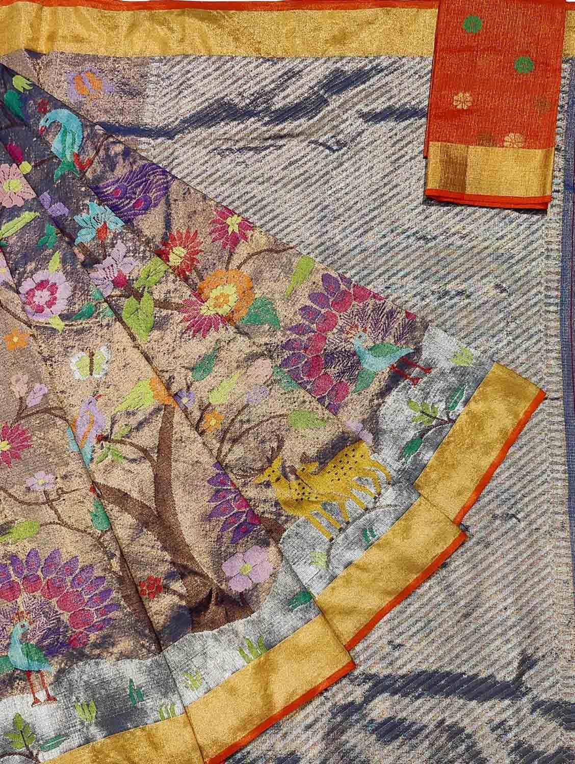 Multicolor Kota Doria Real Zari Handloom Double Tissue Meenakari Saree