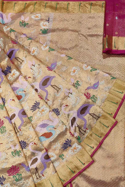 Pastel Kota Doria Real Zari Handloom Double Tissue Meenakari Saree - Luxurion World