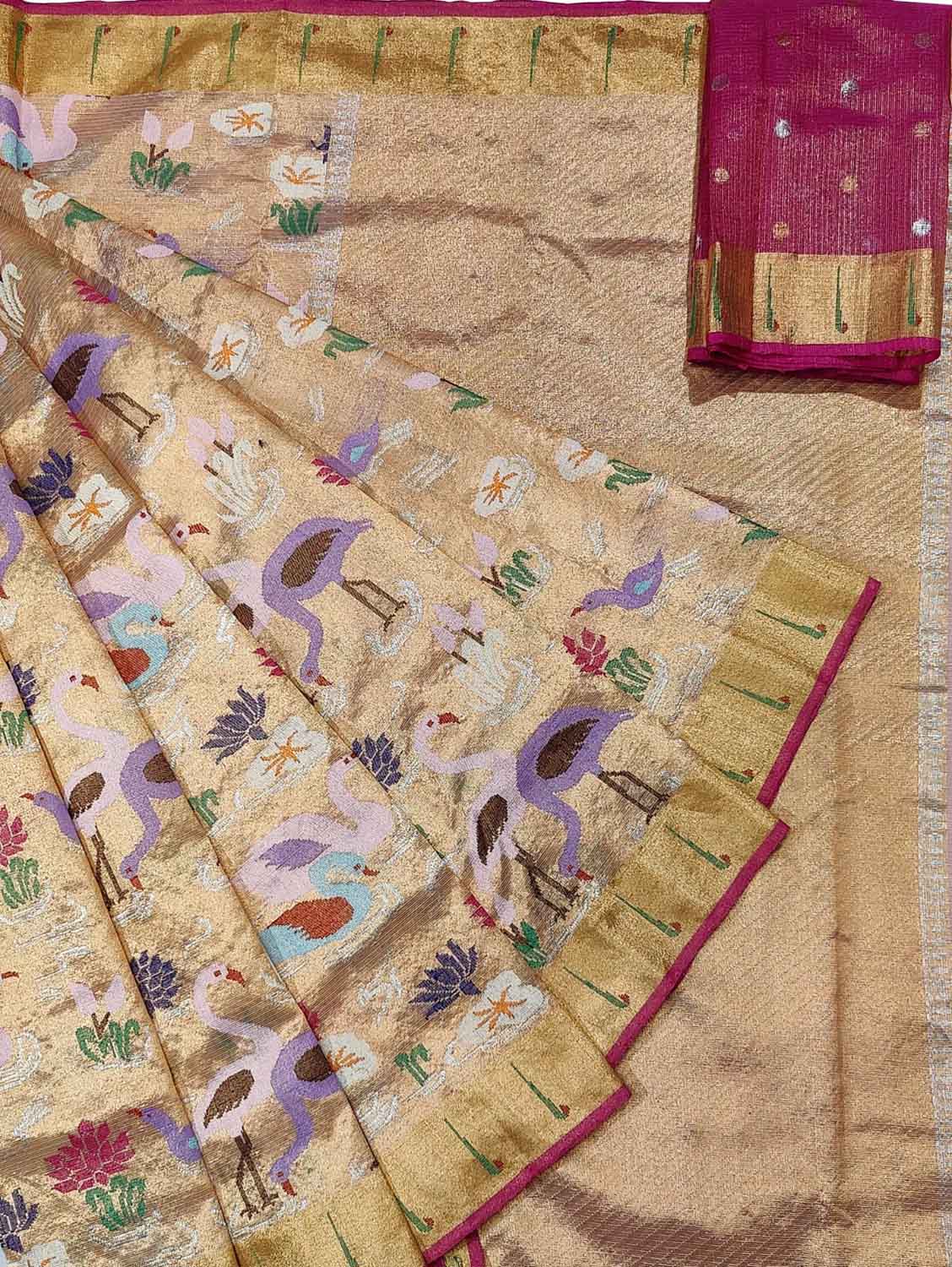 Pastel Kota Doria Real Zari Handloom Double Tissue Meenakari Saree - Luxurion World