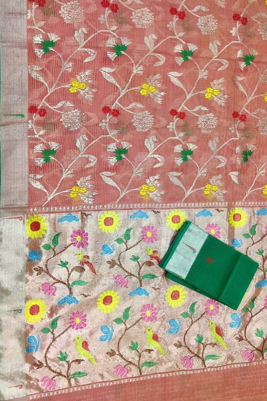 Peach And Pink Shot Kota Doria Handloom Real Zari Saree - Luxurion World