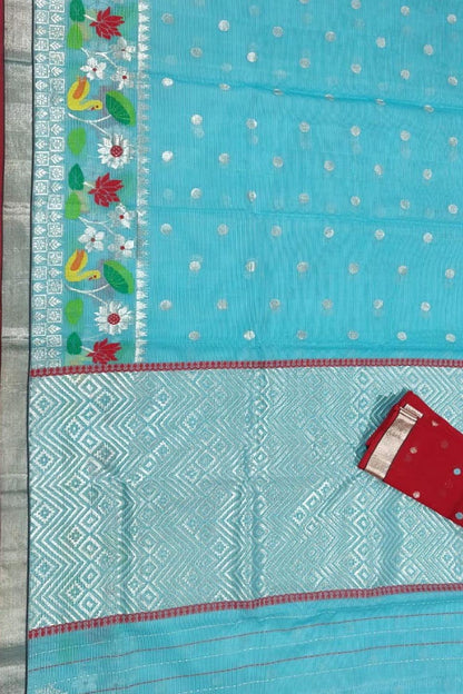 Blue And Red Kota Doria Handloom Real Zari Saree - Luxurion World