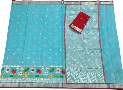 Blue And Red Kota Doria Handloom Real Zari Saree - Luxurion World