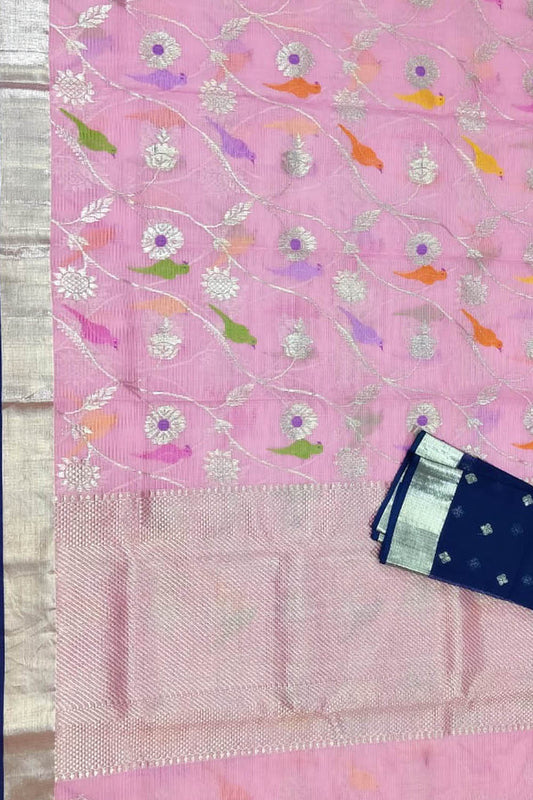Pink And Blue Kota Doria Handloom Real Zari Saree - Luxurion World