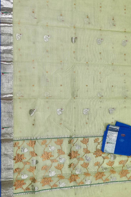 Green And Blue Kota Doria Handloom Real Zari Saree - Luxurion World