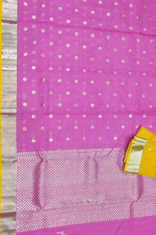 Pink And Yellow Kota Doria Handloom Real Zari Saree - Luxurion World