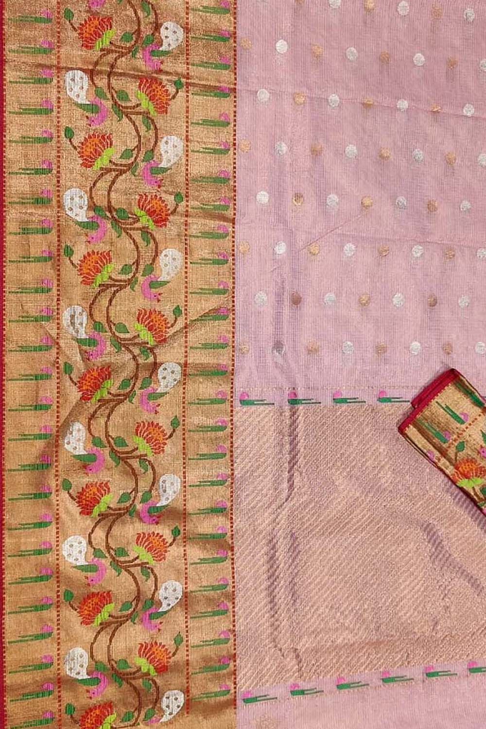 Pink And Red Kota Doria Handloom Real Zari Tissue Saree - Luxurion World