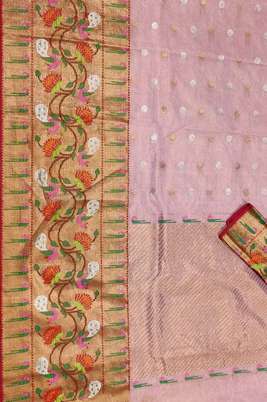 Pink And Red Kota Doria Handloom Real Zari Tissue Saree - Luxurion World