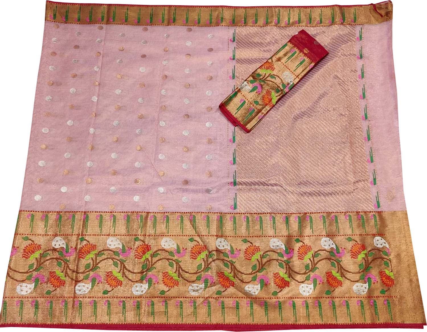 Pink And Red Kota Doria Handloom Real Zari Tissue Saree - Luxurion World