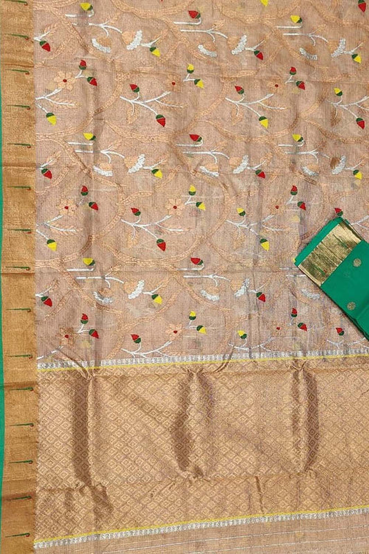 Pastel And Green Kota Doria Handloom Real Zari Tissue Saree - Luxurion World