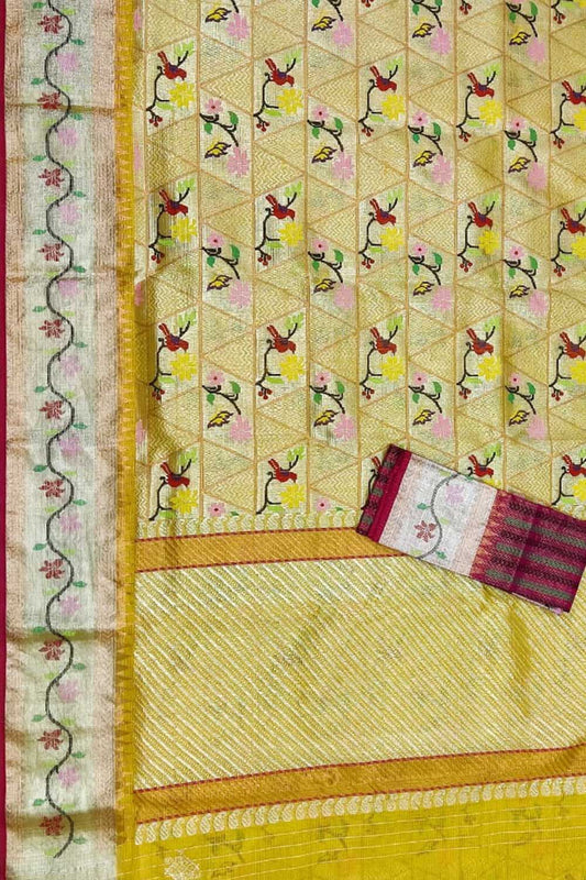 Yellow And Red Kota Doria Handloom Real Zari Saree - Luxurion World
