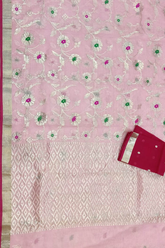 Pink And Red Kota Doria Handloom Real Zari Saree - Luxurion World