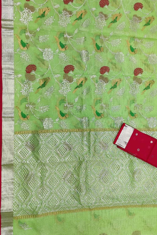 Green And Red Kota Doria Handloom Real Zari Saree - Luxurion World