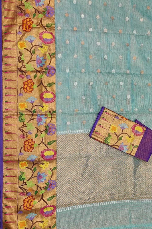 Blue Kota Doria Handloom Real Zari Saree - Luxurion World