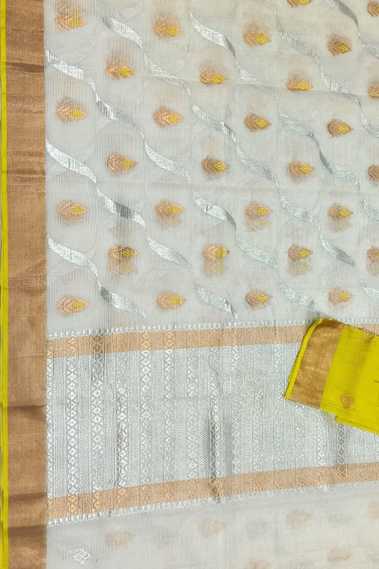 Off White And Yellow Kota Doria Handloom Real Zari Saree - Luxurion World