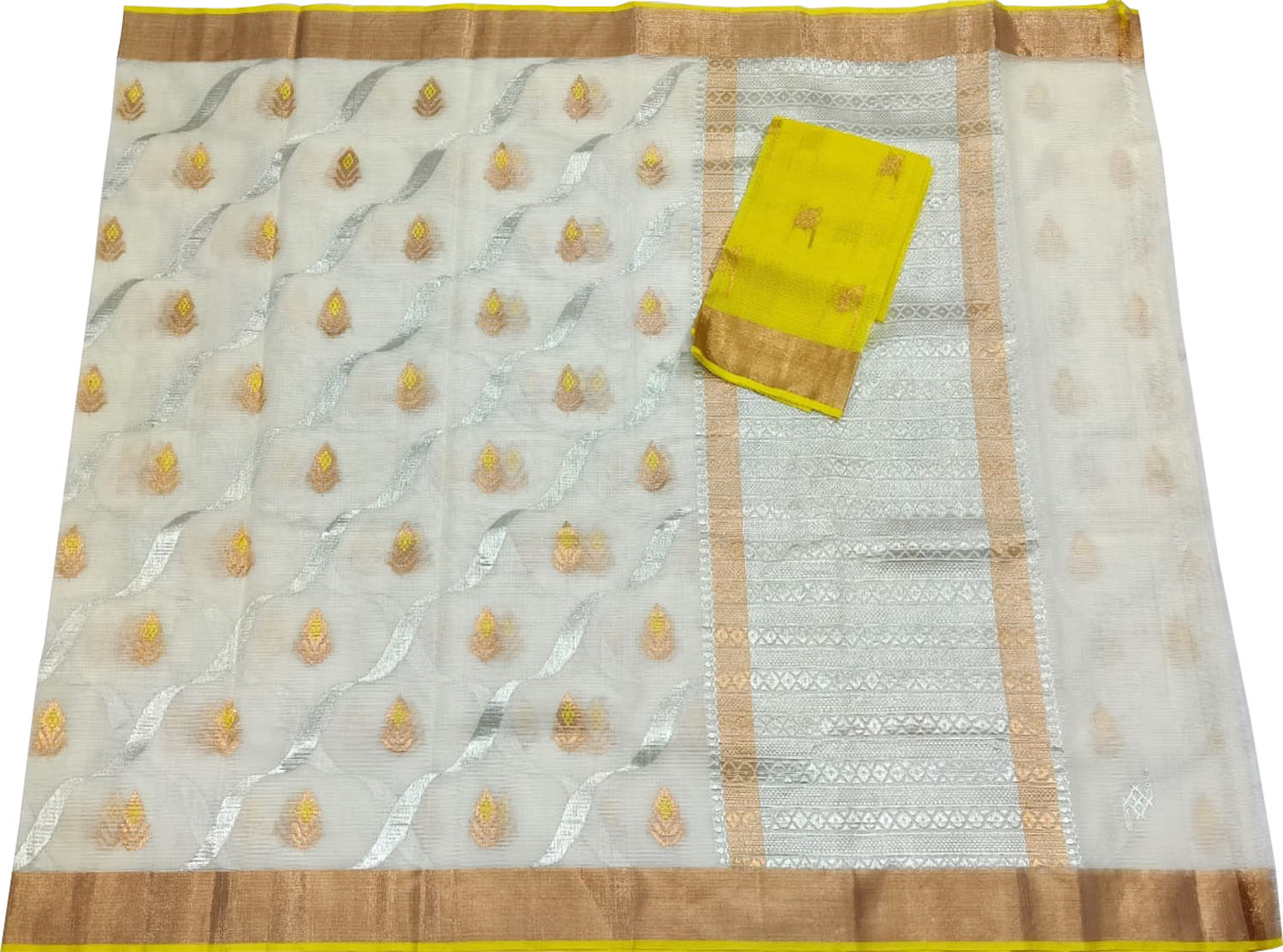 Off White And Yellow Kota Doria Handloom Real Zari Saree - Luxurion World