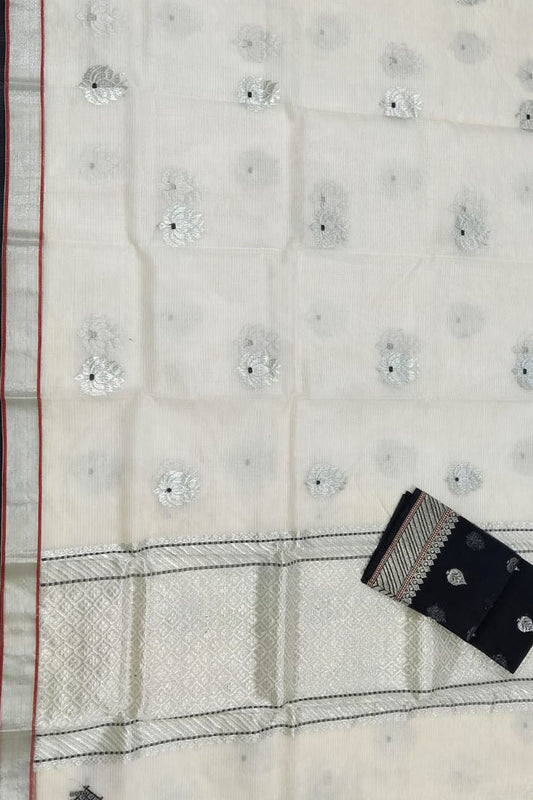 Off White And Black Kota Doria Handloom Real Zari Saree - Luxurion World