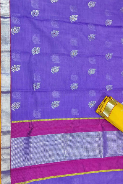 Purple And Yellow Kota Doria Handloom Real Zari Saree - Luxurion World