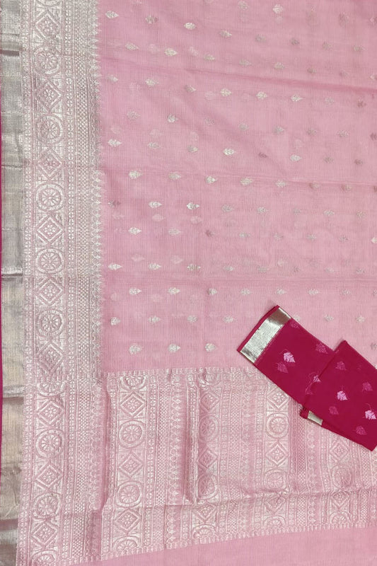 Pink And Red Kota Doria Handloom Real Zari Saree - Luxurion World