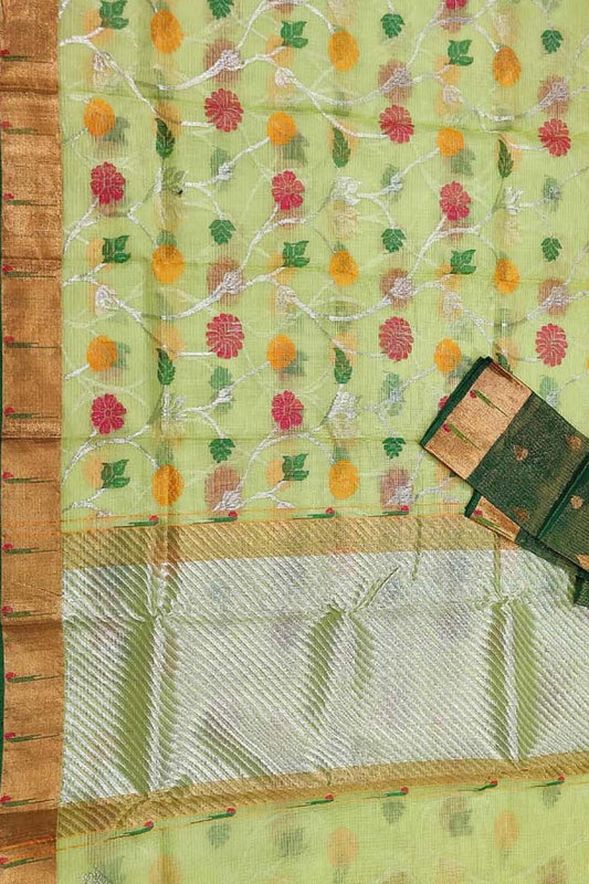 Green Kota Doria Handloom Real Zari Saree - Luxurion World